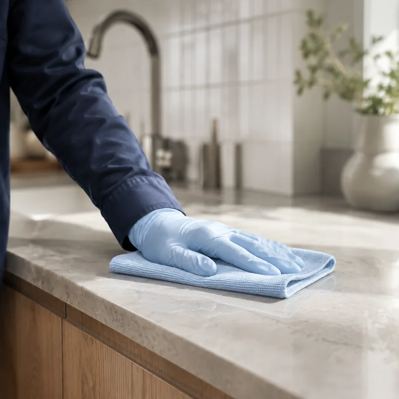 A gloved hand wiping a stone bench with a blue microfibre cloth.