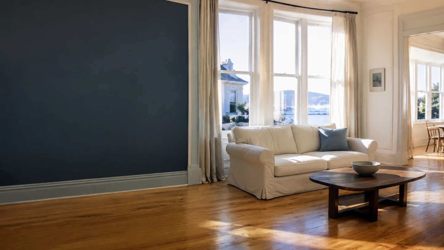 Morning light across a carefully kept Wellington-style living room, with linen, timber and coastal blue details