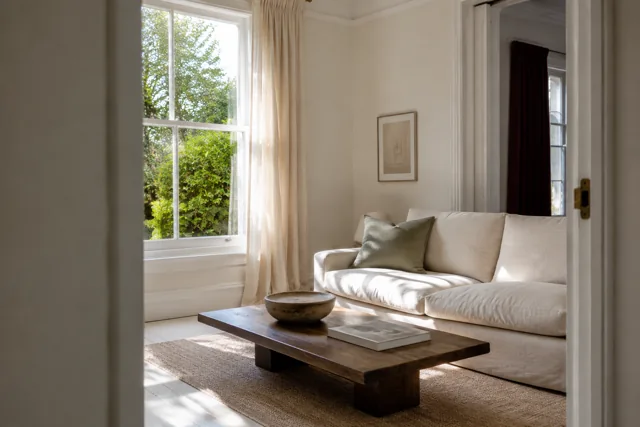 A light-filled living room with a pale sofa, timber table and blue rug.